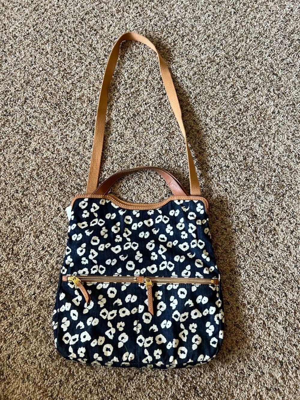 Fossil Black and Cream Floral Canvas Shoulder Bag with Tan Trim